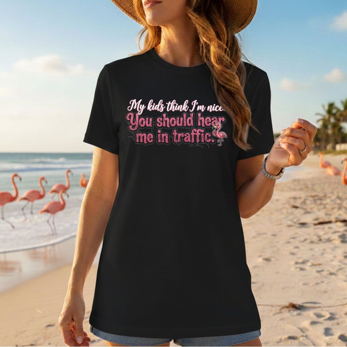 Sarcastic Flamingo Traffic Humor T-Shirt - "My Kids Think I'm Nice" Funny Mom Life Driving Gift - FlamingoAholic