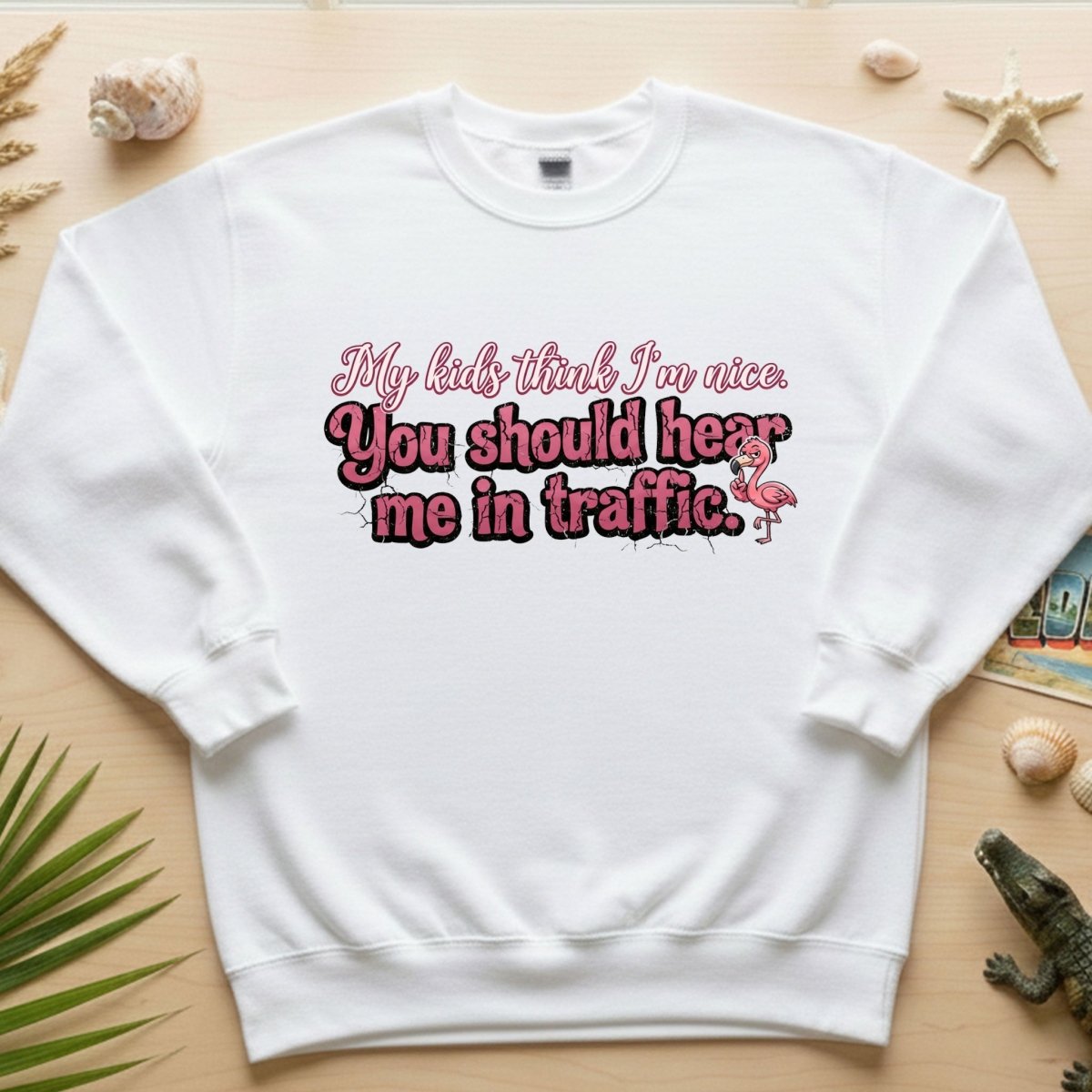 Sarcastic Flamingo Traffic Humor T-Shirt - "My Kids Think I'm Nice" Funny Mom Life Driving Gift - FlamingoAholic