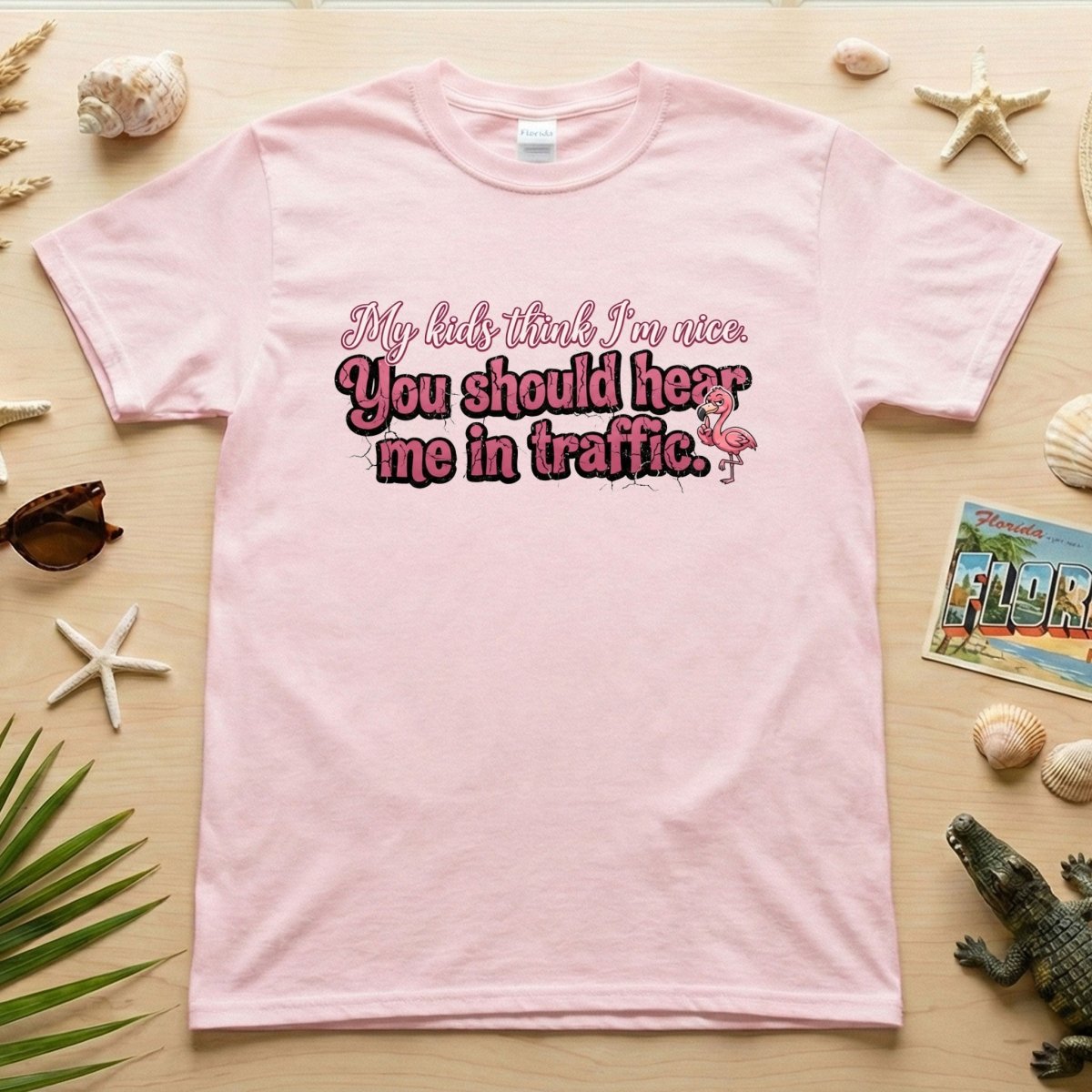 Sarcastic Flamingo Traffic Humor T-Shirt - "My Kids Think I'm Nice" Funny Mom Life Driving Gift - FlamingoAholic