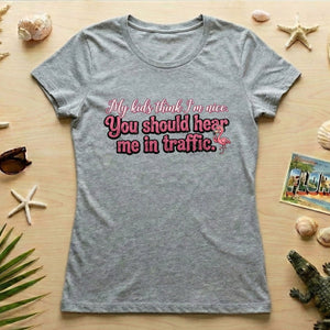 Sarcastic Flamingo Traffic Humor T-Shirt - "My Kids Think I'm Nice" Funny Mom Life Driving Gift - FlamingoAholic