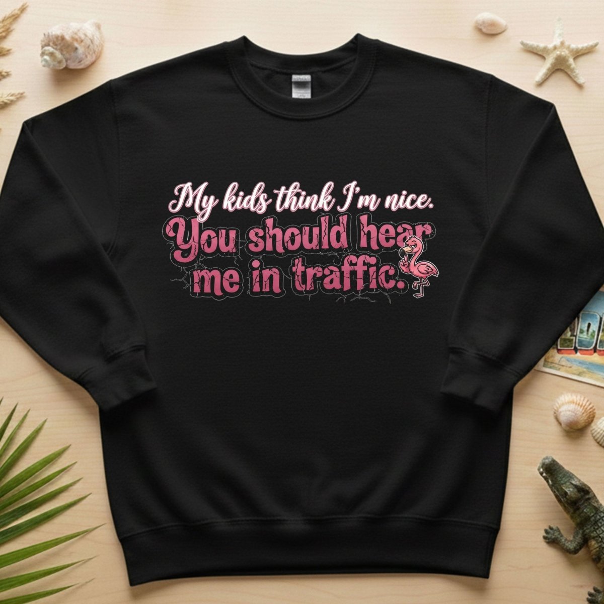 Sarcastic Flamingo Traffic Humor T-Shirt - "My Kids Think I'm Nice" Funny Mom Life Driving Gift - FlamingoAholic