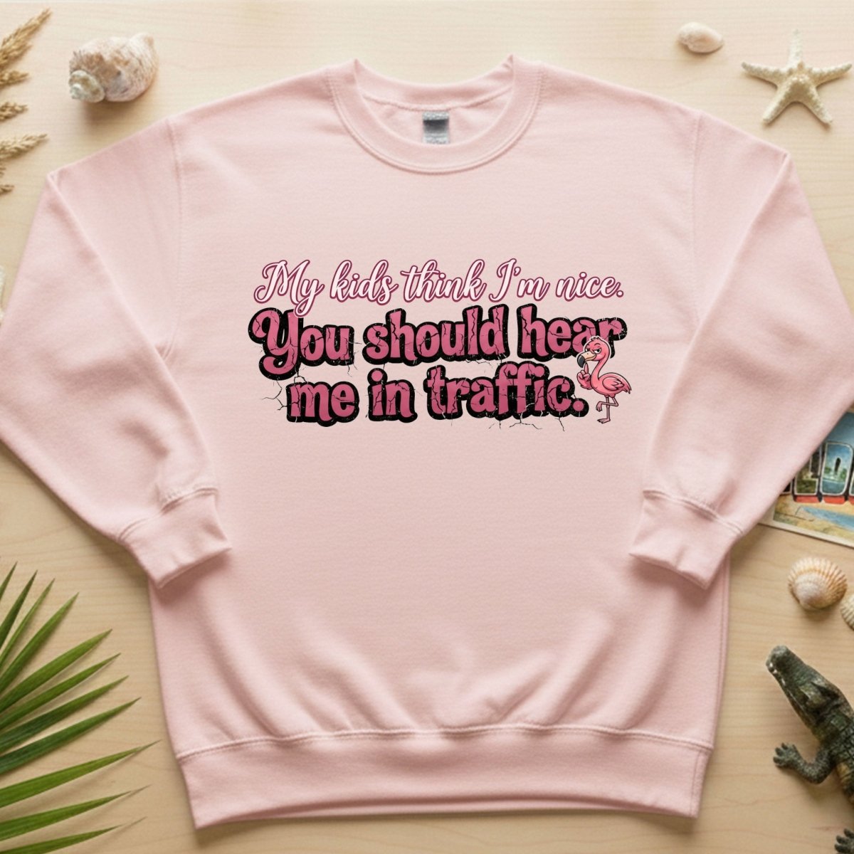Sarcastic Flamingo Traffic Humor T-Shirt - "My Kids Think I'm Nice" Funny Mom Life Driving Gift - FlamingoAholic