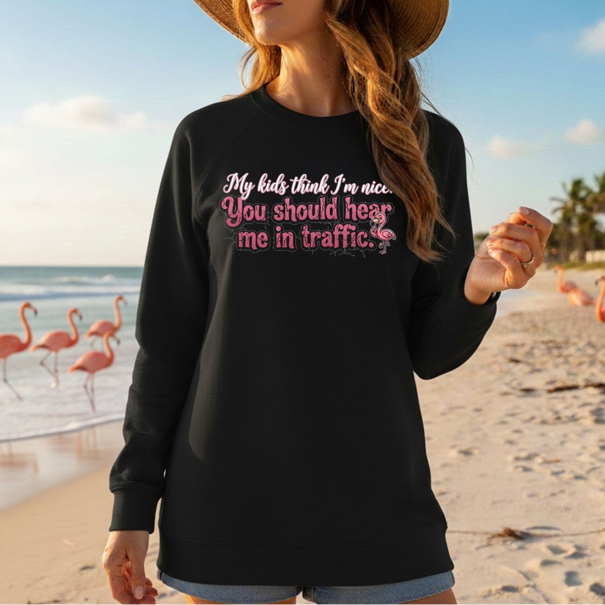 Sarcastic Flamingo Traffic Humor T-Shirt - "My Kids Think I'm Nice" Funny Mom Life Driving Gift - FlamingoAholic