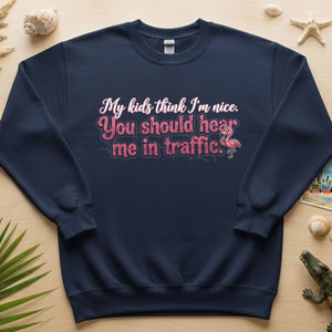Sarcastic Flamingo Traffic Humor T-Shirt - "My Kids Think I'm Nice" Funny Mom Life Driving Gift - FlamingoAholic