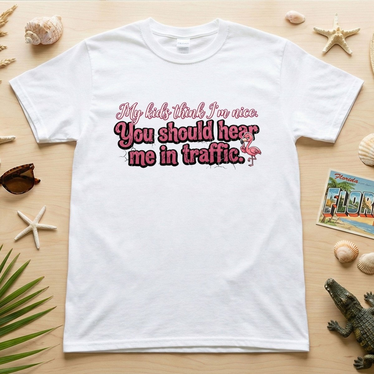 Sarcastic Flamingo Traffic Humor T-Shirt - "My Kids Think I'm Nice" Funny Mom Life Driving Gift - FlamingoAholic