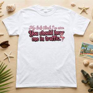 Sarcastic Flamingo Traffic Humor T-Shirt - "My Kids Think I'm Nice" Funny Mom Life Driving Gift - FlamingoAholic