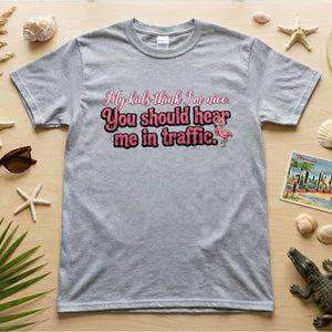 Sarcastic Flamingo Traffic Humor T-Shirt - "My Kids Think I'm Nice" Funny Mom Life Driving Gift - FlamingoAholic