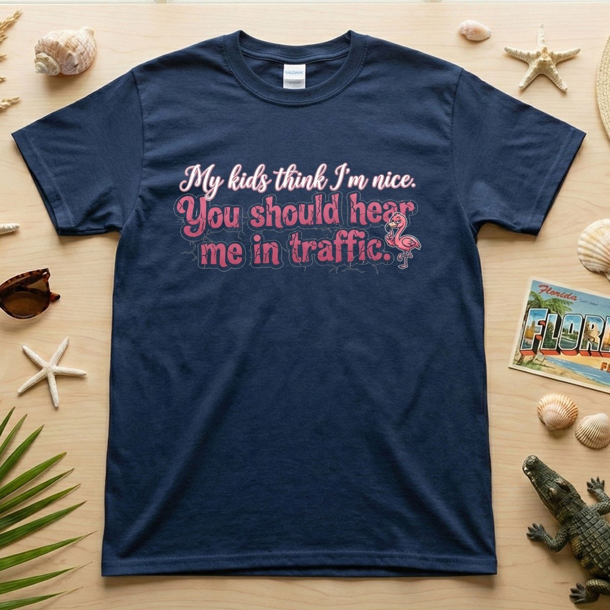 Sarcastic Flamingo Traffic Humor T-Shirt - "My Kids Think I'm Nice" Funny Mom Life Driving Gift - FlamingoAholic