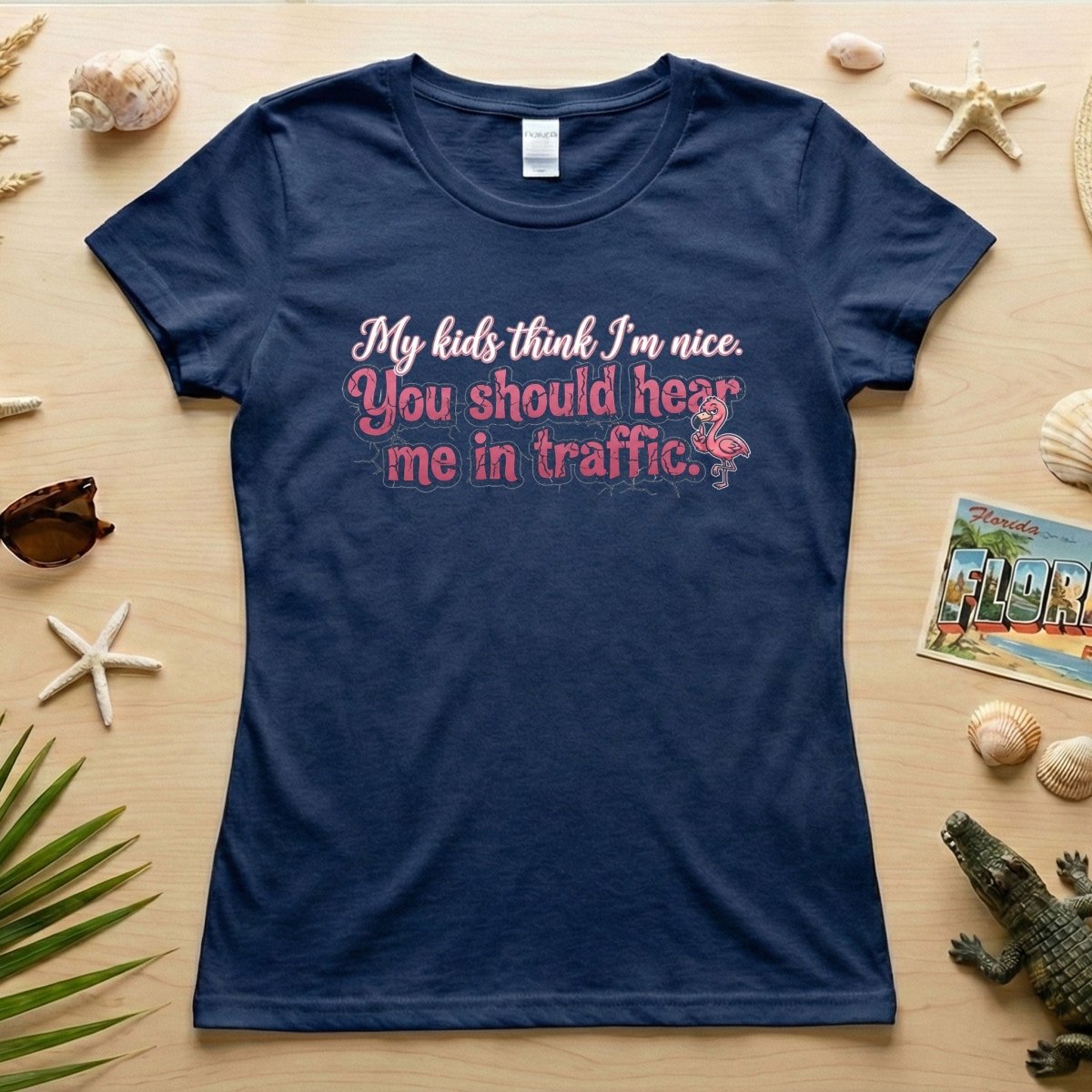 Sarcastic Flamingo Traffic Humor T-Shirt - "My Kids Think I'm Nice" Funny Mom Life Driving Gift - FlamingoAholic