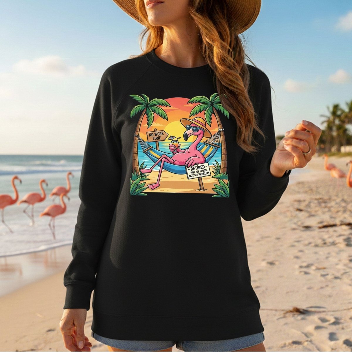 Sarcastic Retired Flamingo T-Shirt Gift - No Work Zone, Not My Problem Humor - FlamingoAholic