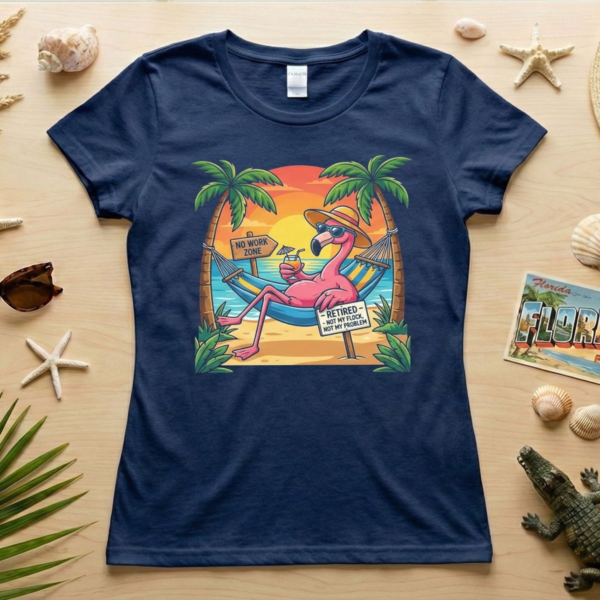 Sarcastic Retired Flamingo T-Shirt Gift - No Work Zone, Not My Problem Humor - FlamingoAholic