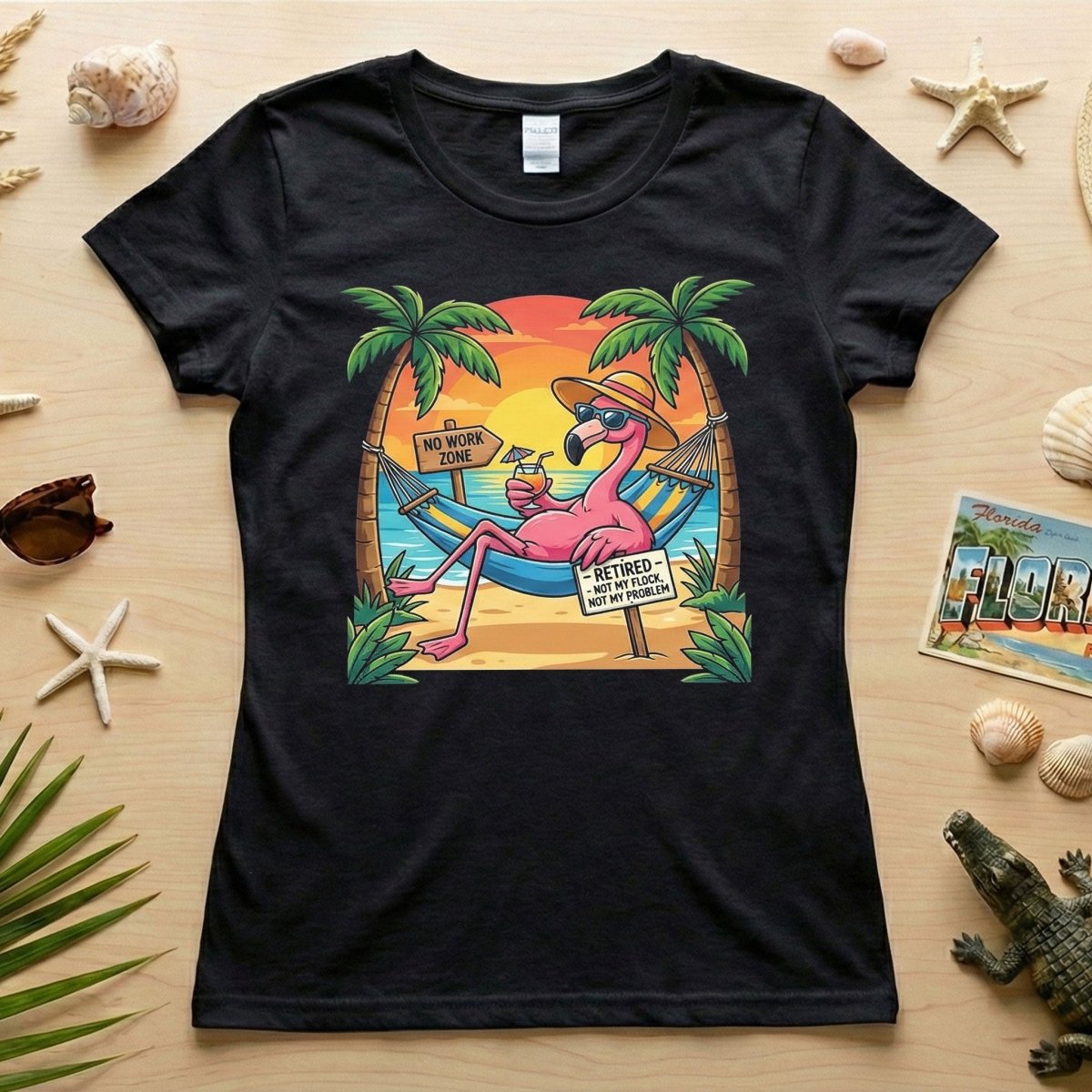 Sarcastic Retired Flamingo T-Shirt Gift - No Work Zone, Not My Problem Humor - FlamingoAholic