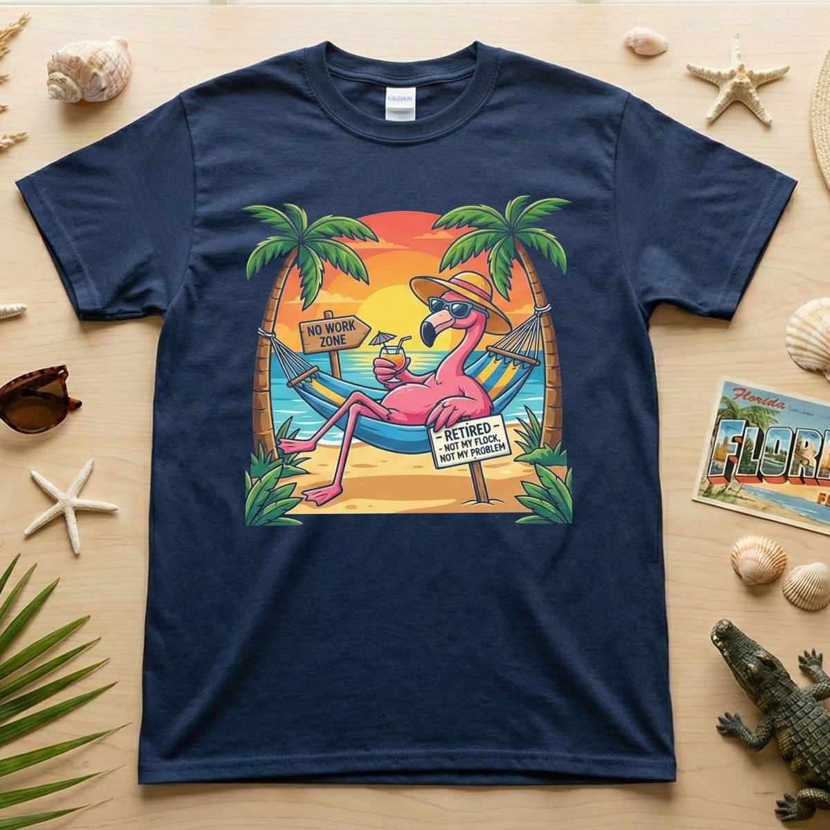Sarcastic Retired Flamingo T-Shirt Gift - No Work Zone, Not My Problem Humor - FlamingoAholic