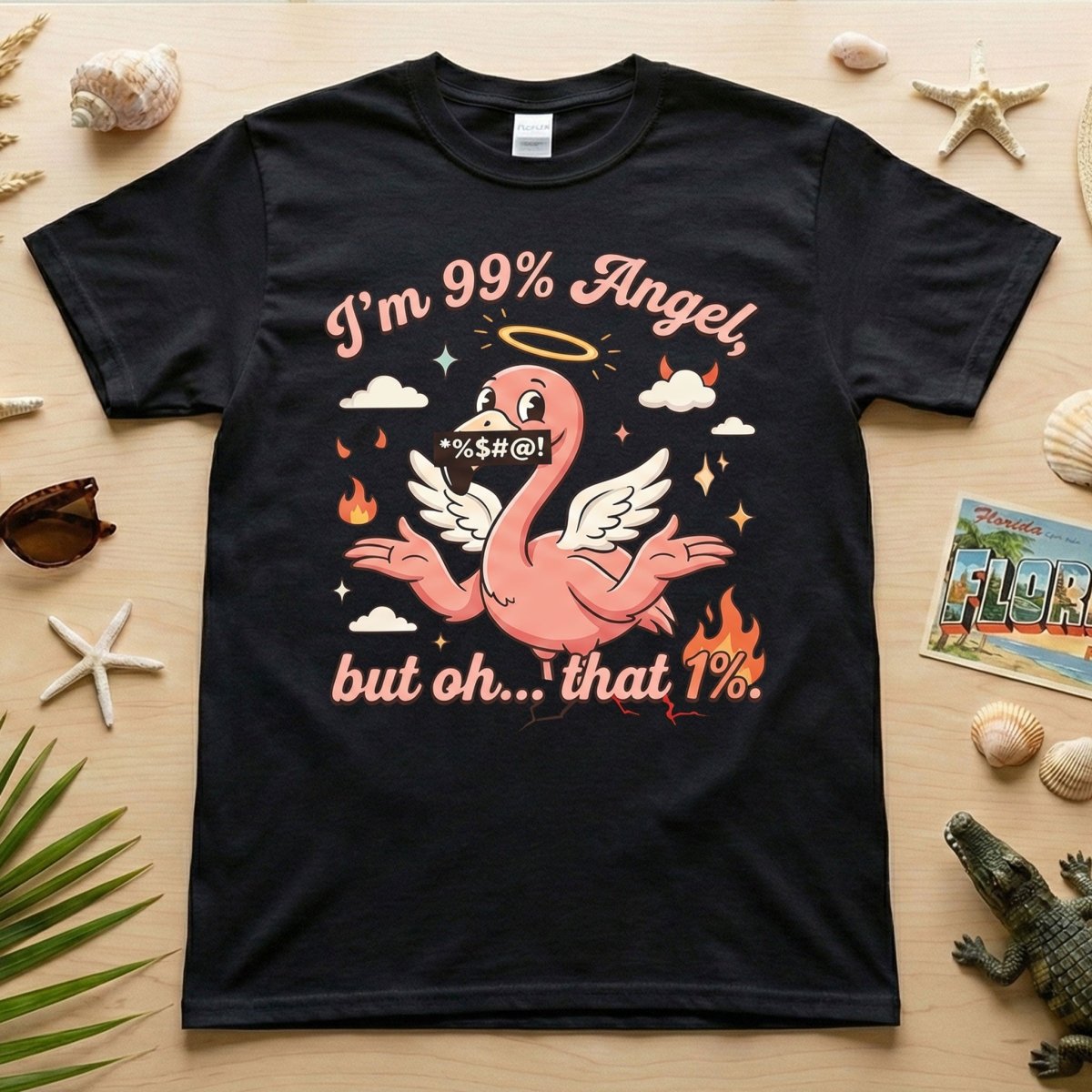 Sassy Flamingo "I'm 99% Angel" Graphic T-Shirt - Funny Retro Humor Tee for Women - FlamingoAholic
