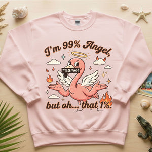 Sassy Flamingo "I'm 99% Angel" Graphic T-Shirt - Funny Retro Humor Tee for Women - FlamingoAholic