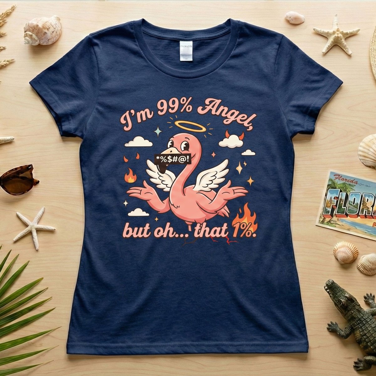 Sassy Flamingo "I'm 99% Angel" Graphic T-Shirt - Funny Retro Humor Tee for Women - FlamingoAholic