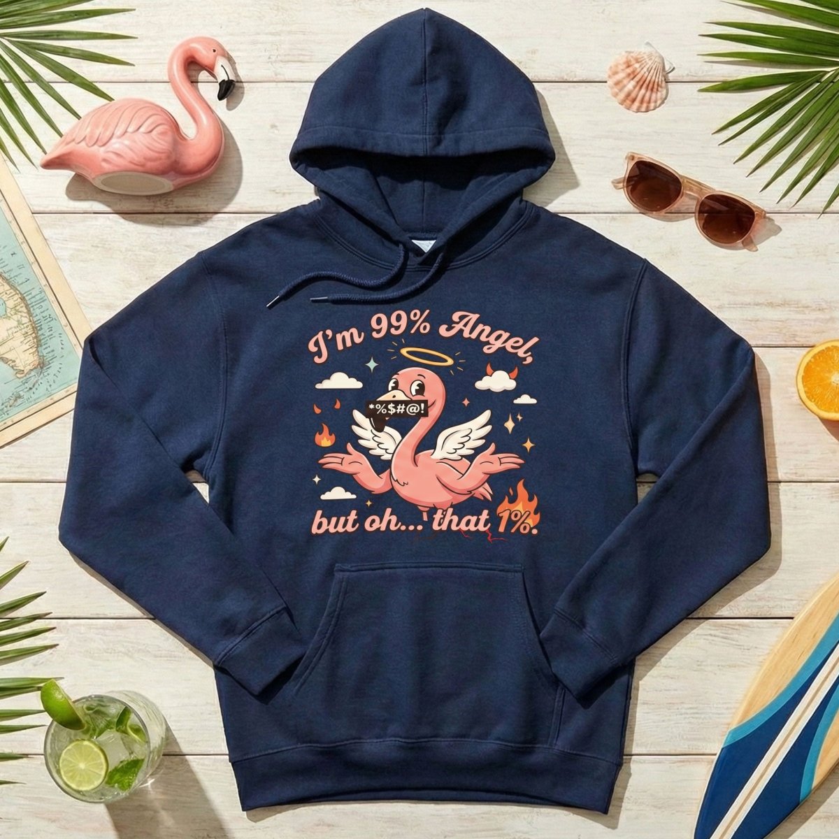 Sassy Flamingo "I'm 99% Angel" Graphic T-Shirt - Funny Retro Humor Tee for Women - FlamingoAholic