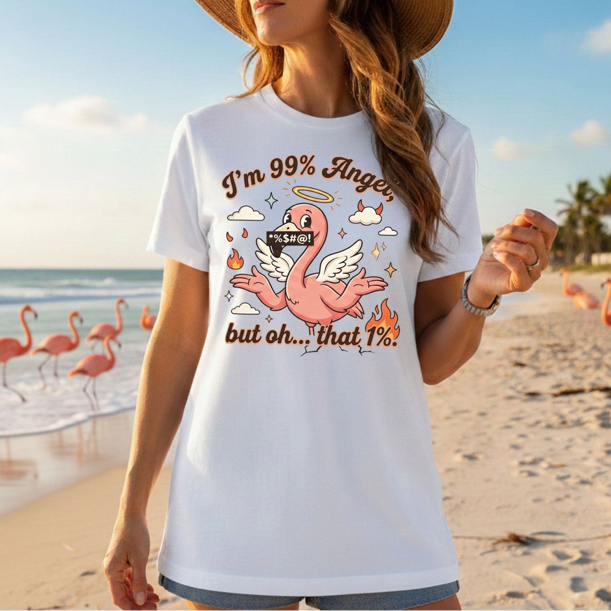 Sassy Flamingo "I'm 99% Angel" Graphic T-Shirt - Funny Retro Humor Tee for Women - FlamingoAholic