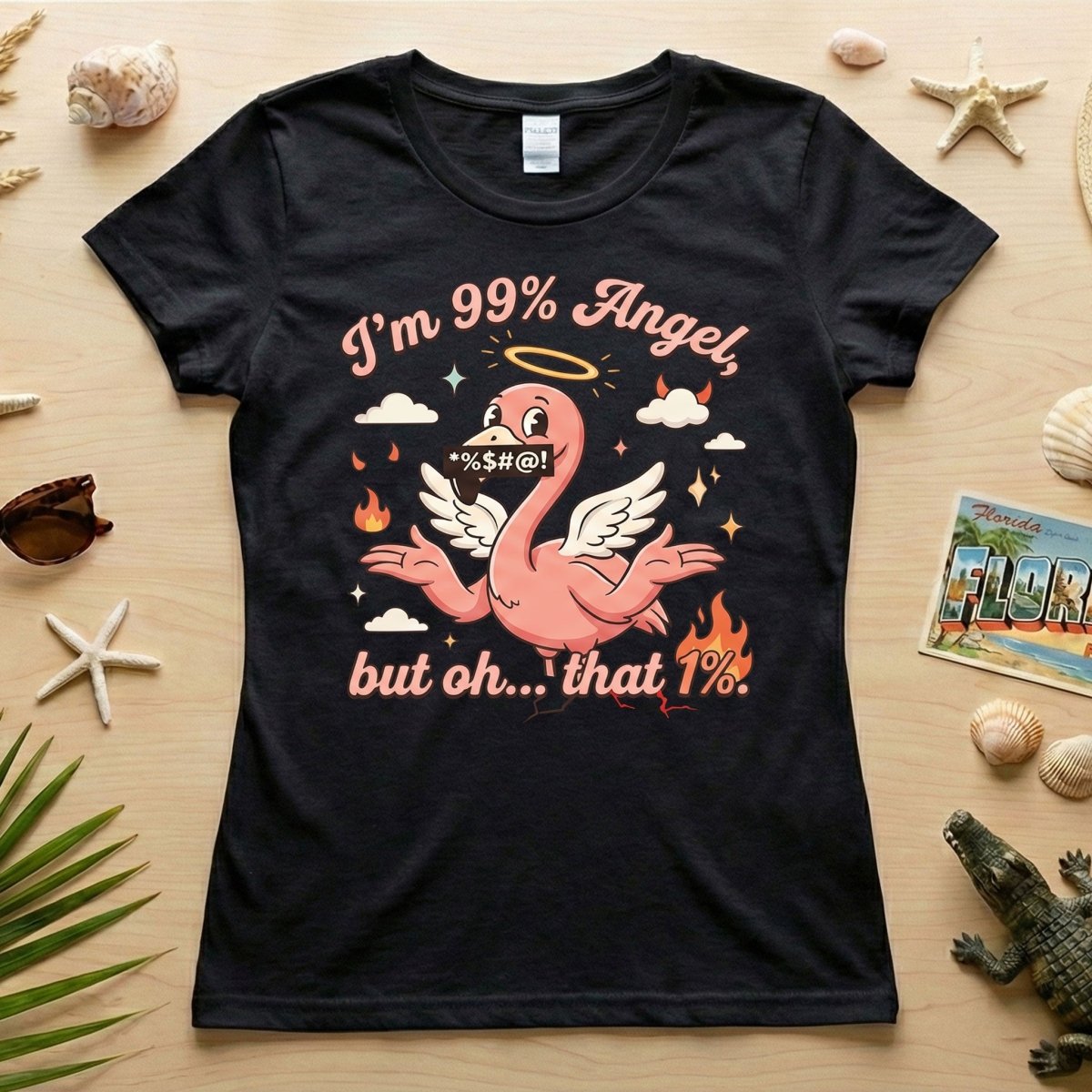 Sassy Flamingo "I'm 99% Angel" Graphic T-Shirt - Funny Retro Humor Tee for Women - FlamingoAholic