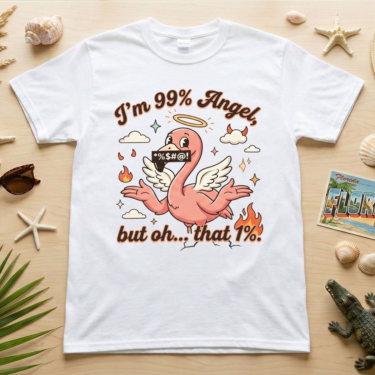 Sassy Flamingo "I'm 99% Angel" Graphic T-Shirt - Funny Retro Humor Tee for Women - FlamingoAholic
