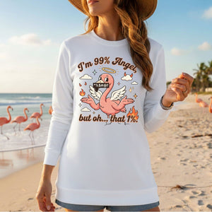 Sassy Flamingo "I'm 99% Angel" Graphic T-Shirt - Funny Retro Humor Tee for Women - FlamingoAholic