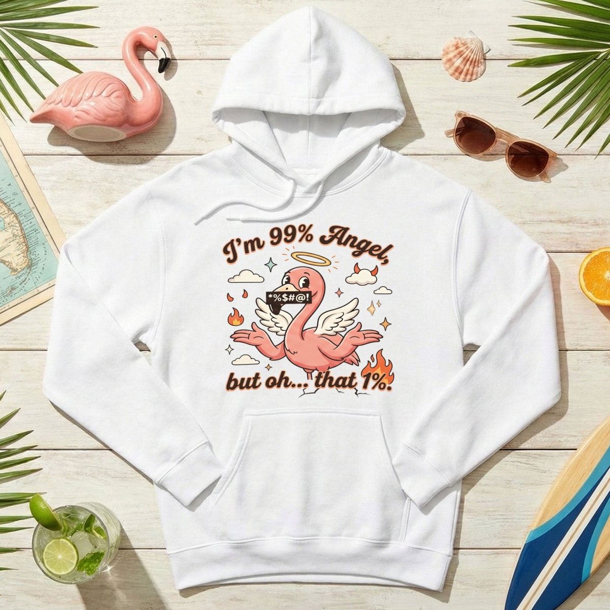 Sassy Flamingo "I'm 99% Angel" Graphic T-Shirt - Funny Retro Humor Tee for Women - FlamingoAholic