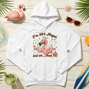 Sassy Flamingo "I'm 99% Angel" Graphic T-Shirt - Funny Retro Humor Tee for Women - FlamingoAholic