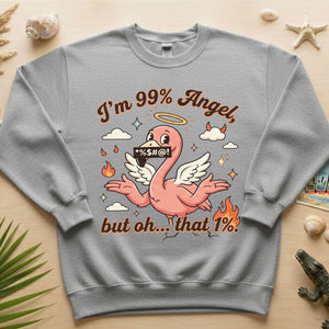 Sassy Flamingo "I'm 99% Angel" Graphic T-Shirt - Funny Retro Humor Tee for Women - FlamingoAholic