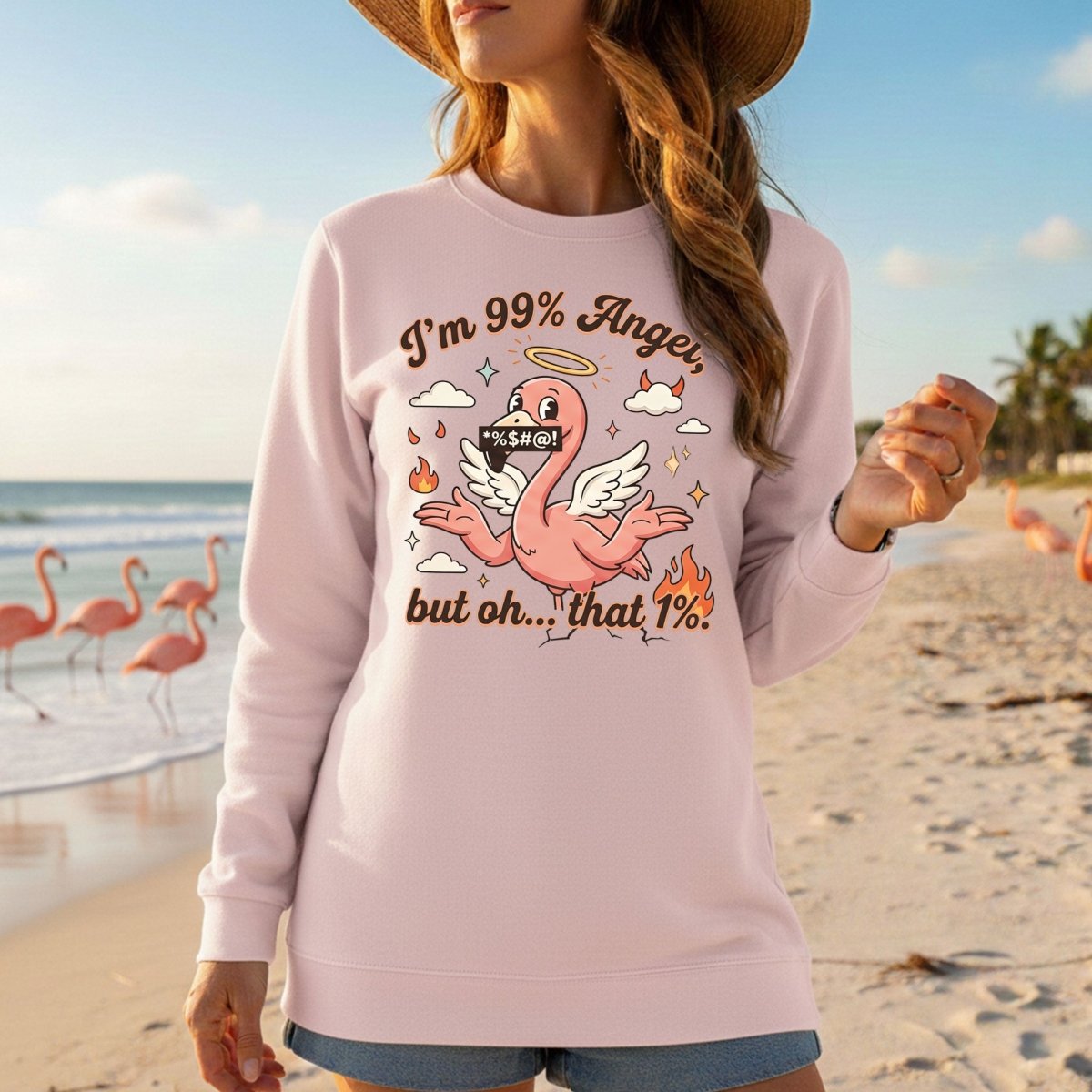 Sassy Flamingo "I'm 99% Angel" Graphic T-Shirt - Funny Retro Humor Tee for Women - FlamingoAholic