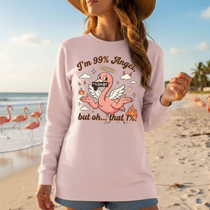 Sassy Flamingo "I'm 99% Angel" Graphic T-Shirt - Funny Retro Humor Tee for Women - FlamingoAholic