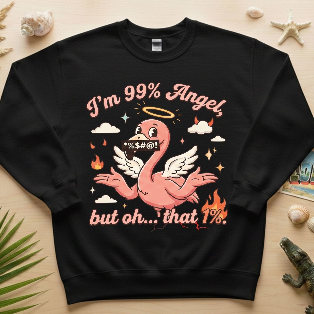 Sassy Flamingo "I'm 99% Angel" Graphic T-Shirt - Funny Retro Humor Tee for Women - FlamingoAholic