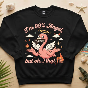 Sassy Flamingo "I'm 99% Angel" Graphic T-Shirt - Funny Retro Humor Tee for Women - FlamingoAholic