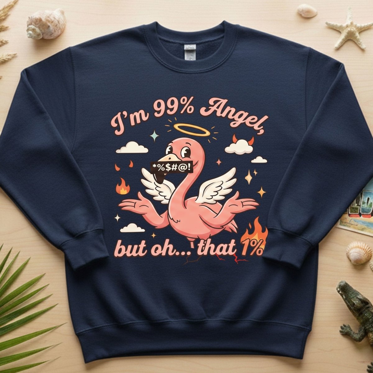 Sassy Flamingo "I'm 99% Angel" Graphic T-Shirt - Funny Retro Humor Tee for Women - FlamingoAholic