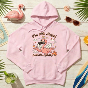 Sassy Flamingo "I'm 99% Angel" Graphic T-Shirt - Funny Retro Humor Tee for Women - FlamingoAholic