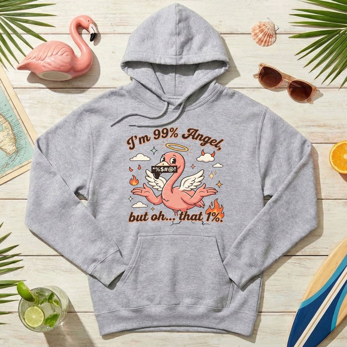 Sassy Flamingo "I'm 99% Angel" Graphic T-Shirt - Funny Retro Humor Tee for Women - FlamingoAholic