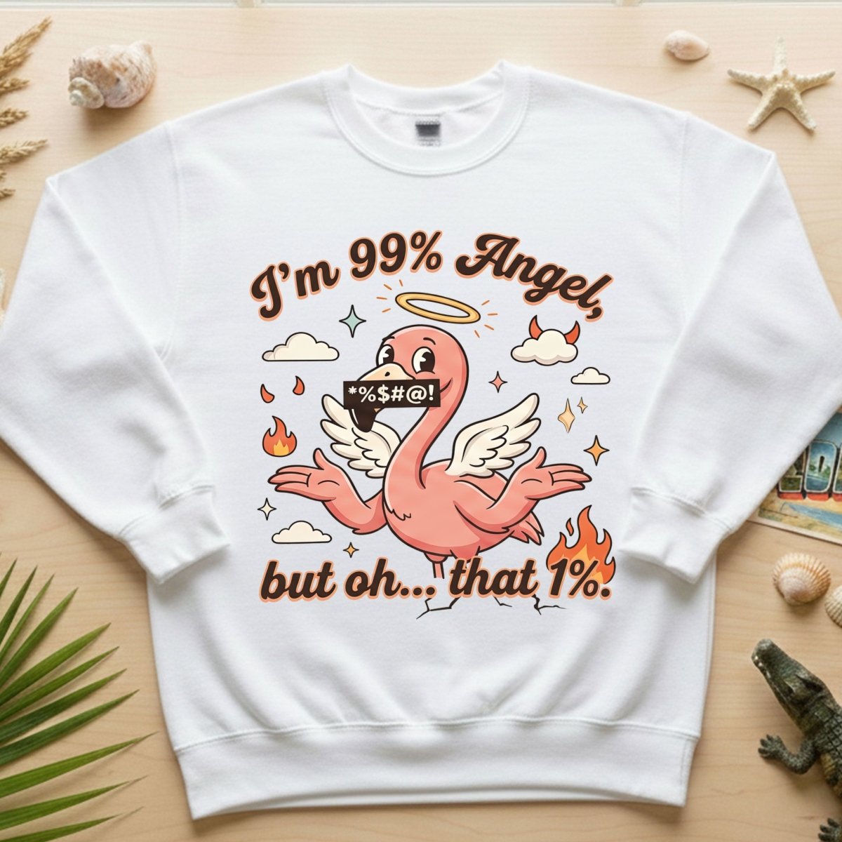 Sassy Flamingo "I'm 99% Angel" Graphic T-Shirt - Funny Retro Humor Tee for Women - FlamingoAholic