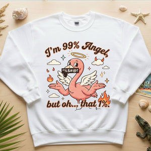 Sassy Flamingo "I'm 99% Angel" Graphic T-Shirt - Funny Retro Humor Tee for Women - FlamingoAholic