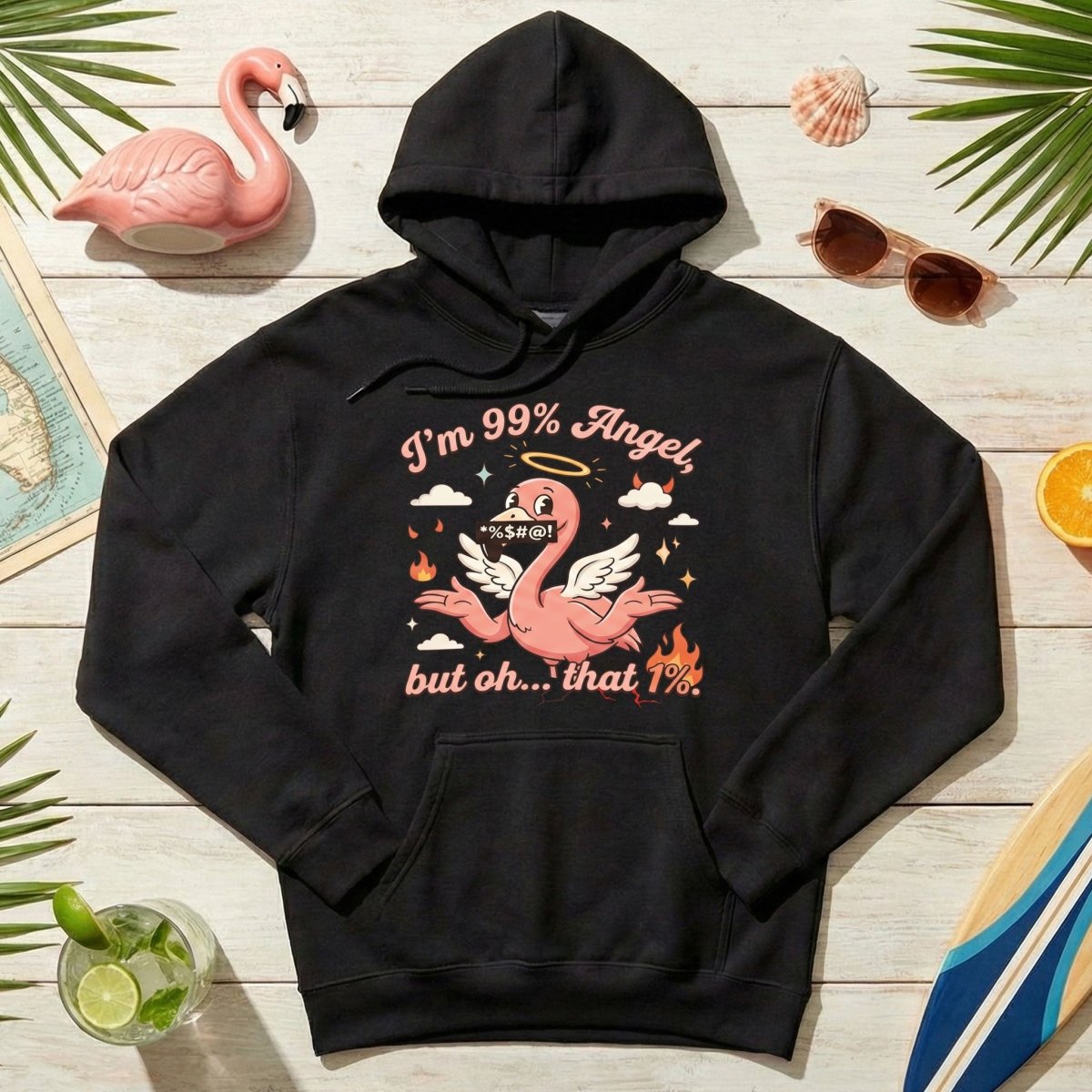 Sassy Flamingo "I'm 99% Angel" Graphic T-Shirt - Funny Retro Humor Tee for Women - FlamingoAholic