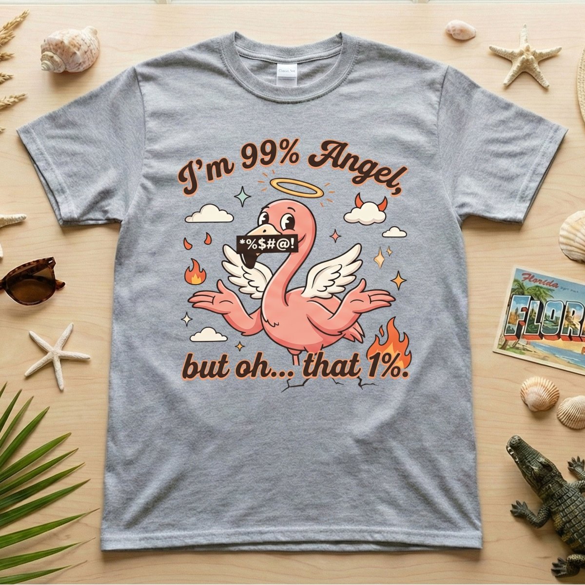 Sassy Flamingo "I'm 99% Angel" Graphic T-Shirt - Funny Retro Humor Tee for Women - FlamingoAholic