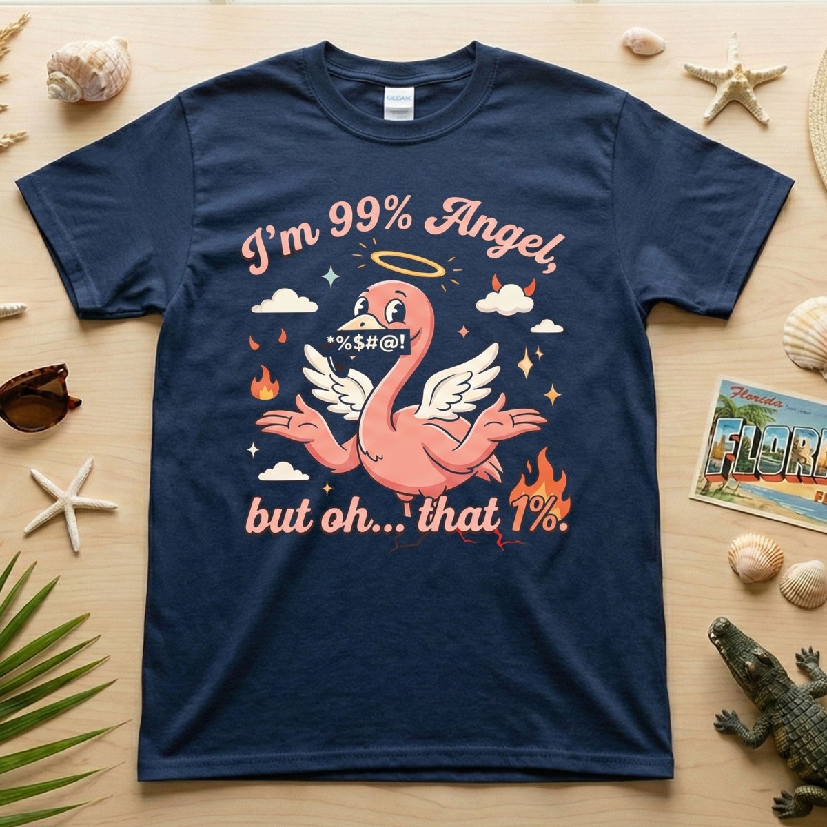 Sassy Flamingo "I'm 99% Angel" Graphic T-Shirt - Funny Retro Humor Tee for Women - FlamingoAholic