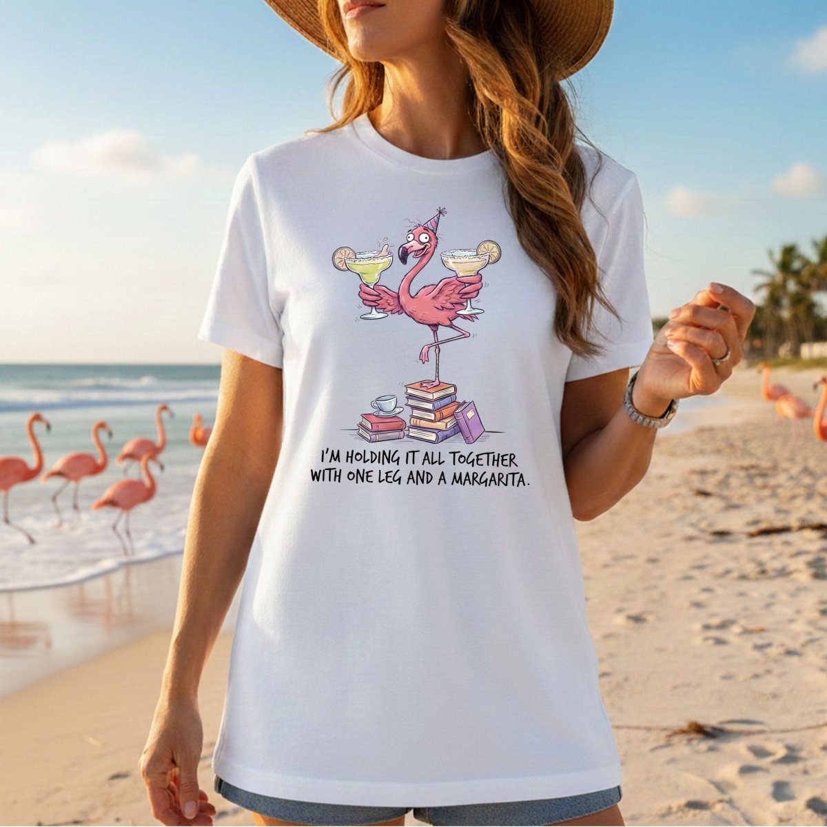 Sassy Flamingo Margarita Graphic T-Shirt - Holding It All Together Humor Tee - FlamingoAholic