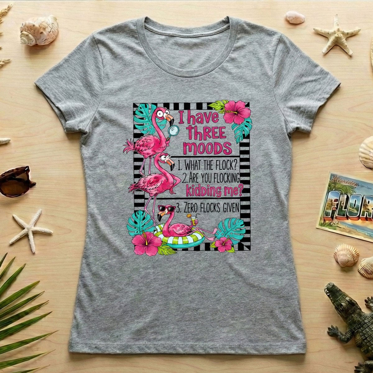 Sassy Flamingo Mood Graphic T-Shirt for Women - Zero Flocks Given Humor Tee - FlamingoAholic
