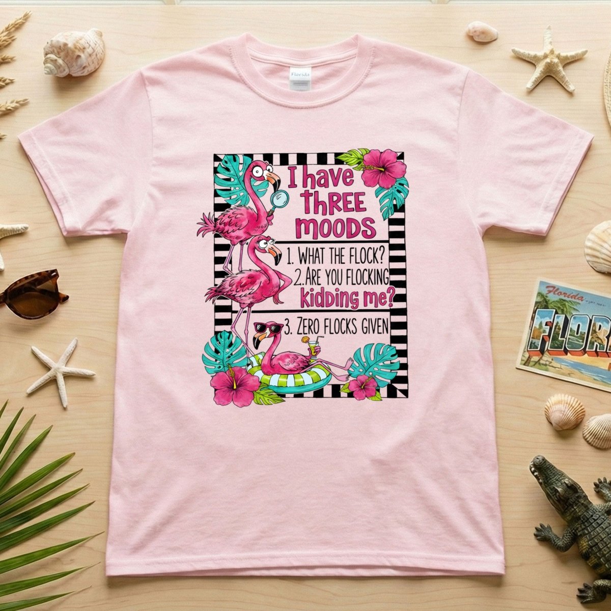 Sassy Flamingo Mood Graphic T-Shirt for Women - Zero Flocks Given Humor Tee - FlamingoAholic
