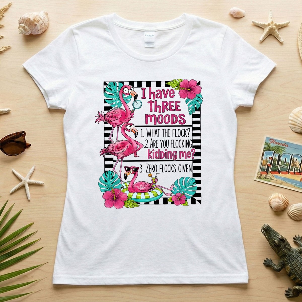 Sassy Flamingo Mood Graphic T-Shirt for Women - Zero Flocks Given Humor Tee - FlamingoAholic
