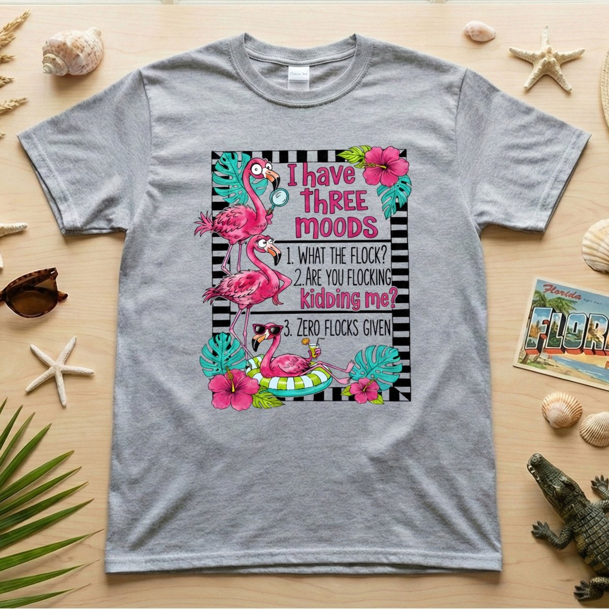 Sassy Flamingo Mood Graphic T-Shirt for Women - Zero Flocks Given Humor Tee - FlamingoAholic