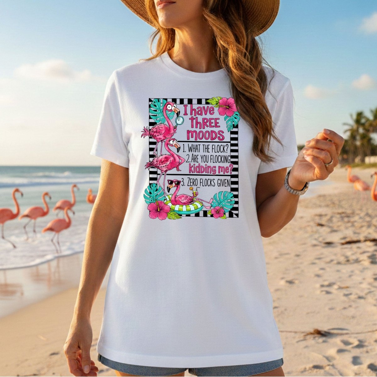 Sassy Flamingo Mood Graphic T-Shirt for Women - Zero Flocks Given Humor Tee - FlamingoAholic
