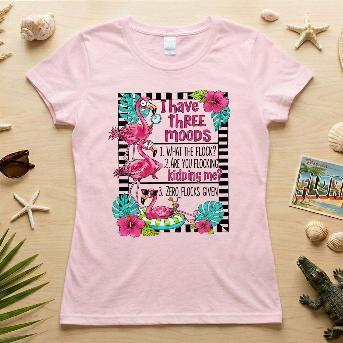 Sassy Flamingo Mood Graphic T-Shirt for Women - Zero Flocks Given Humor Tee - FlamingoAholic