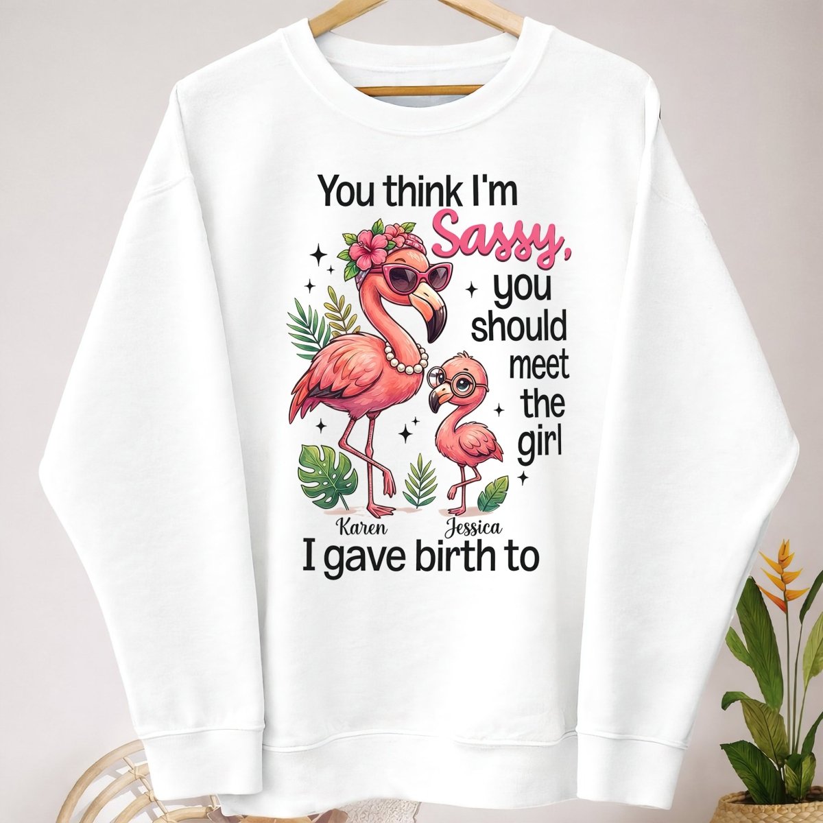 Sassy Flamingo Mother Daughter Personalized Sweatshirt - Funny Custom Mom & Me Gift - FlamingoAholic