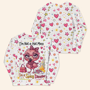 Sassy "Spicy Disaster" Flamingo AOP Sweatshirt - Cozy Funny Quote Women's Gift - FlamingoAholic