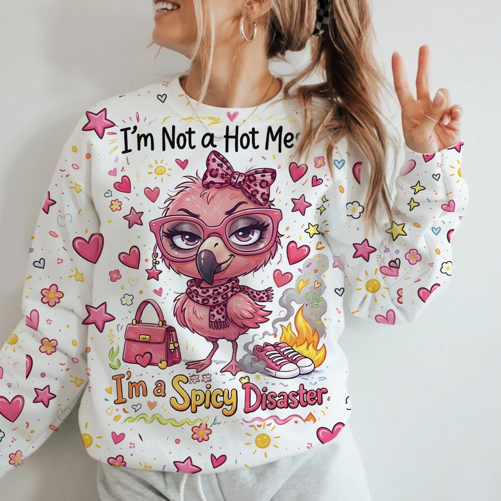 Sassy "Spicy Disaster" Flamingo AOP Sweatshirt - Cozy Funny Quote Women's Gift - FlamingoAholic